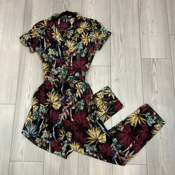 Zara Basic Tropical Print Jumpsuit with Belt, Short Sleeve, Size XS - Picture 3 of 10